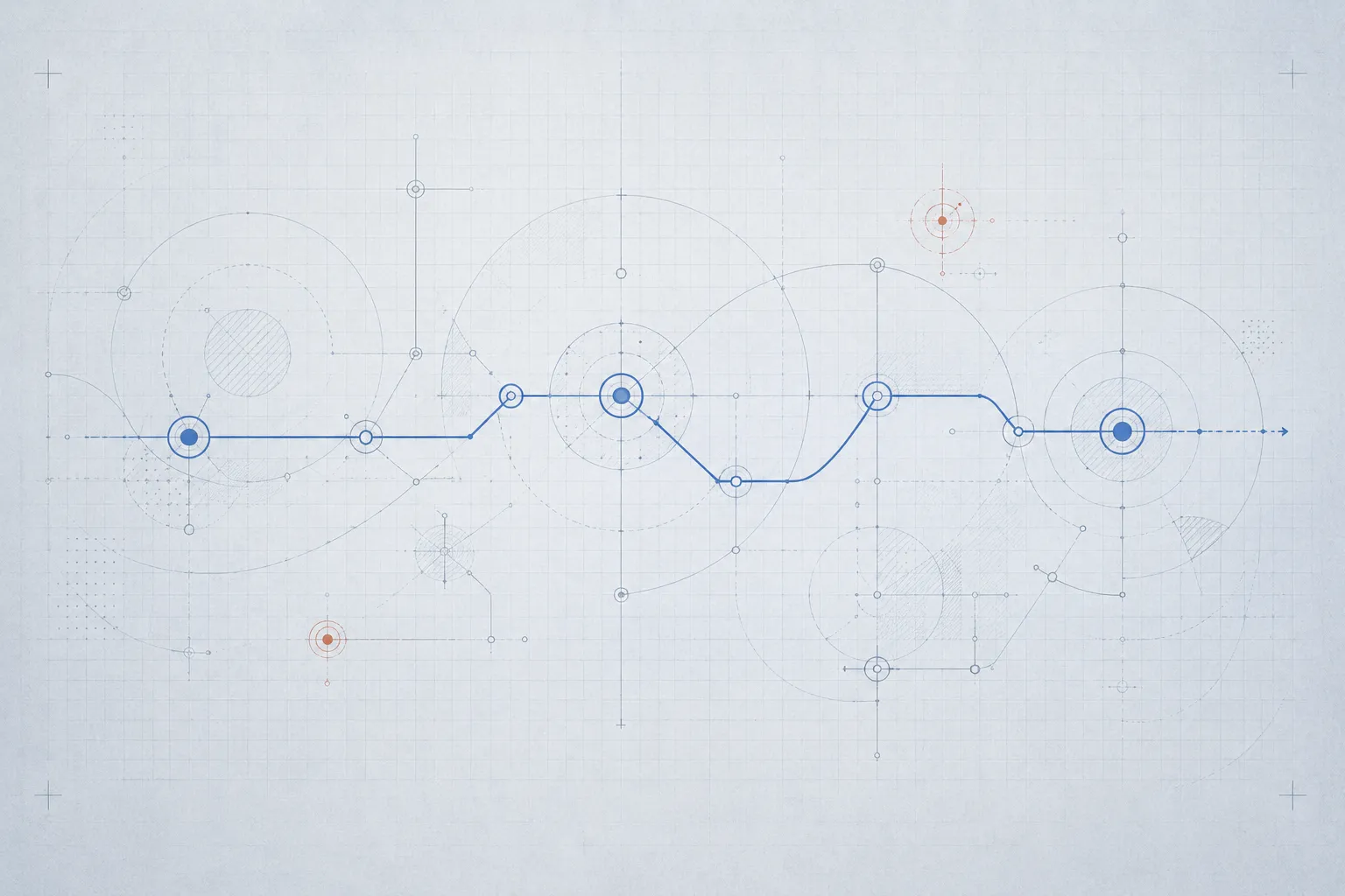 Abstract blueprint schematic of an AI-augmented engineering workflow on cool drafting paper, with cobalt-blue connecting nodes and warm-clay technical marks